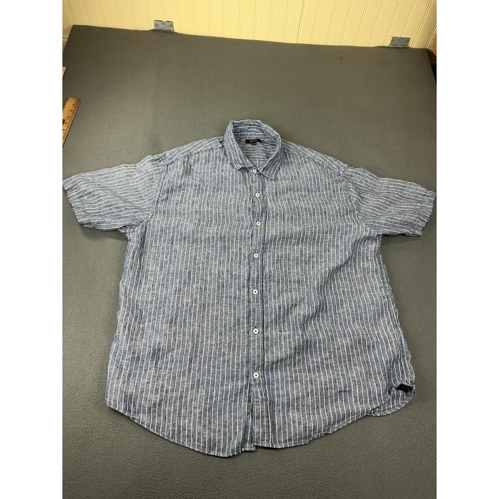 Quince Shirt Mens 2XL Blue Striped Linen Short Sleeve Button Up Relaxed